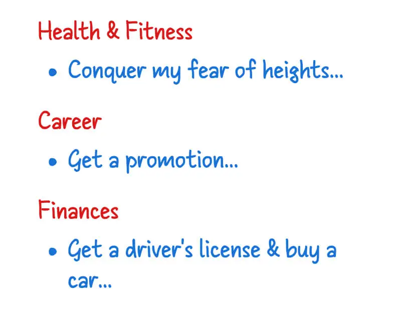 Sample annual goal list by category