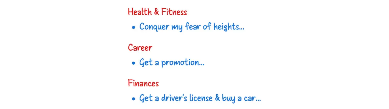 Sample annual goal list by category