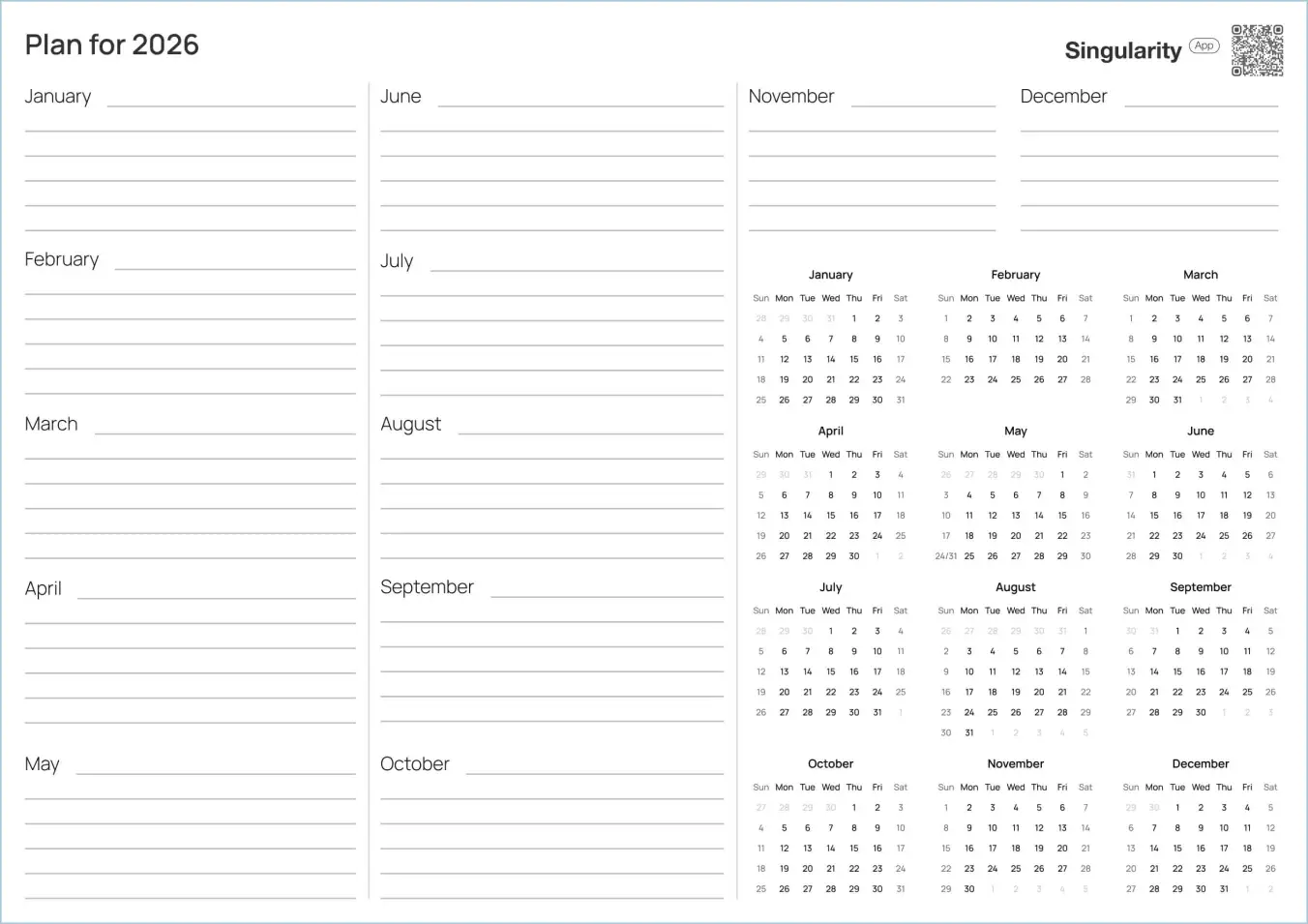 Горизонтальный шаблон плана на год