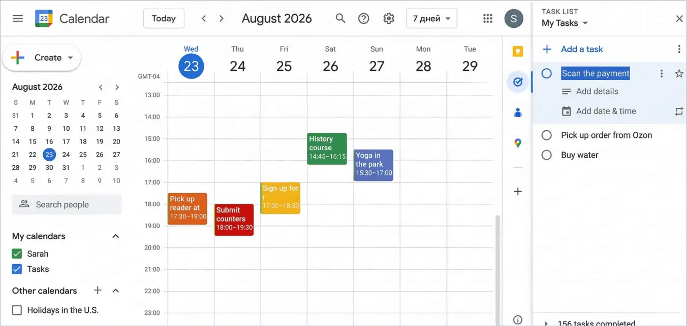 Google Calendar and Tasks interface
