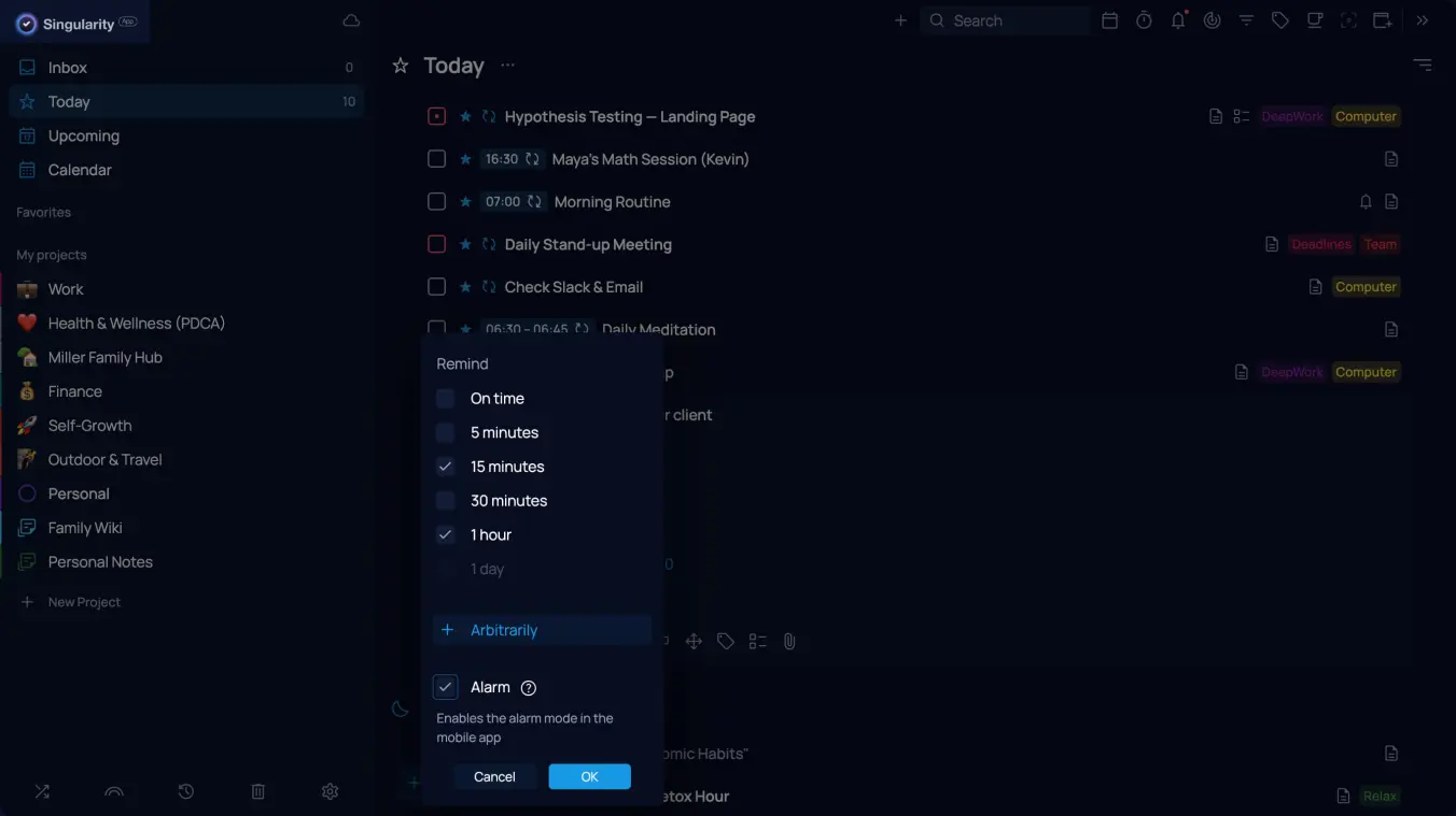 Setting up desktop reminders in SingularityApp