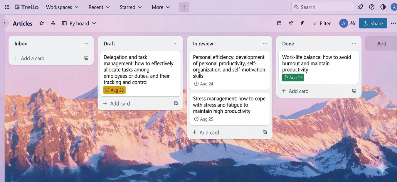 Lists and cards on a Trello board