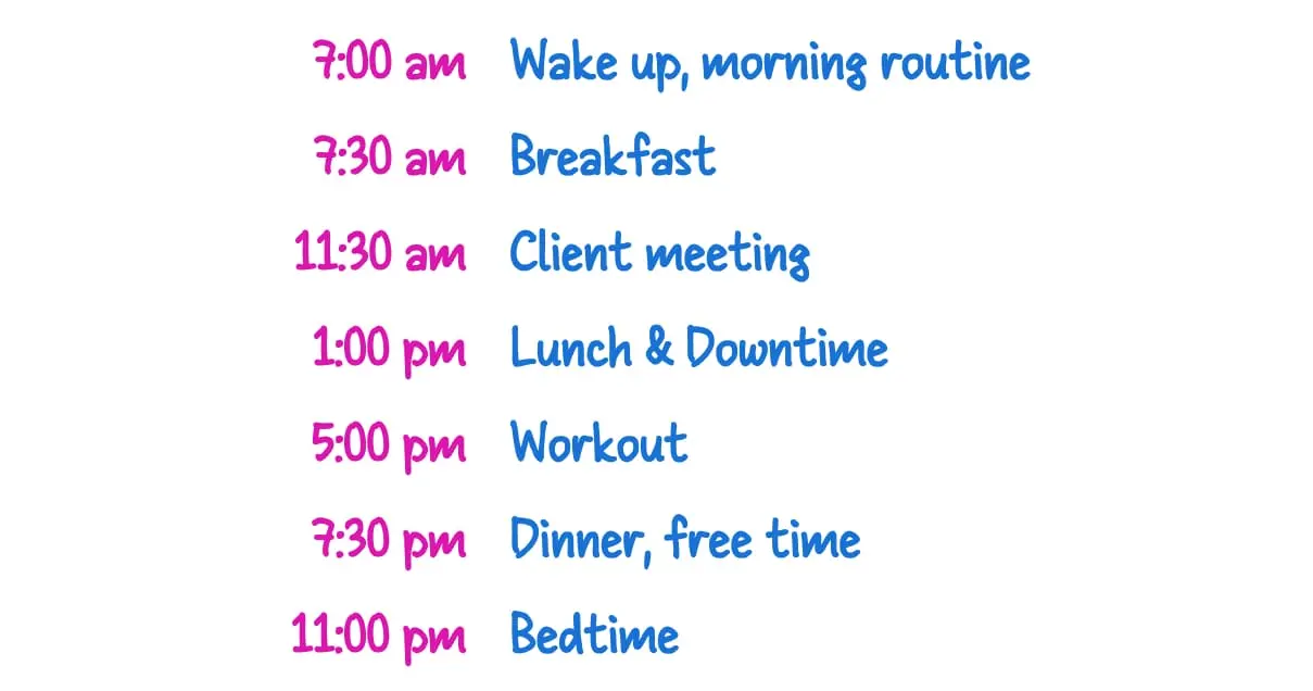 A handwritten list of daily fixed tasks with specific times