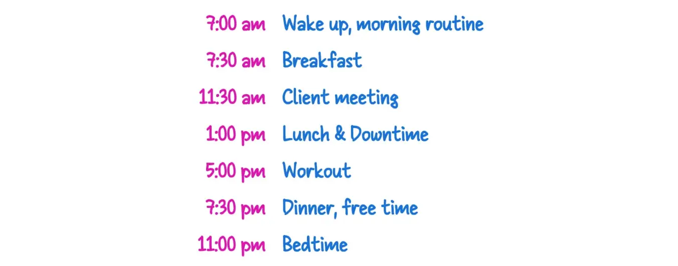 A handwritten list of daily fixed tasks with specific times