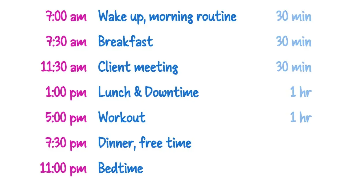 A handwritten list of daily fixed tasks with time estimates added