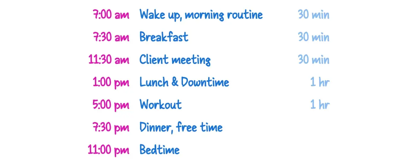 A handwritten list of daily fixed tasks with time estimates added
