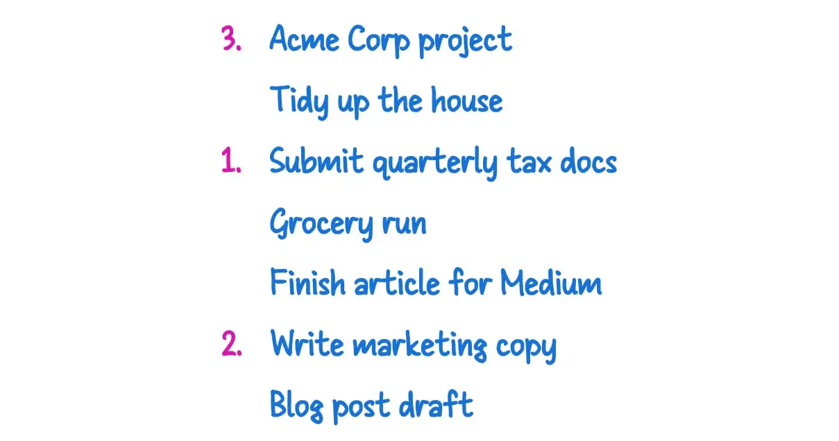 A handwritten flexible task list with top priorities numbered