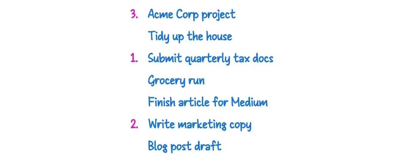 A handwritten flexible task list with top priorities numbereds