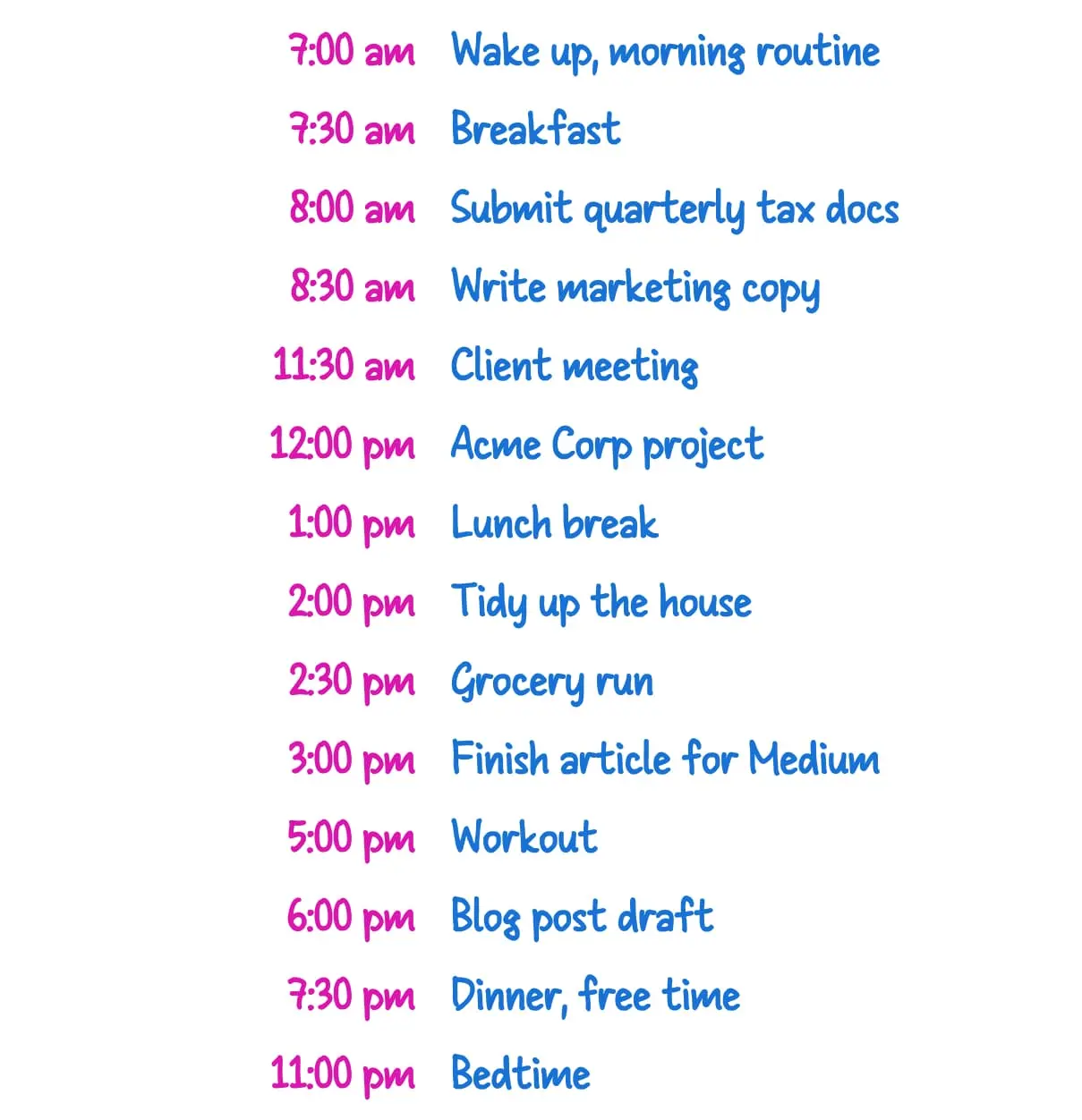 A complete handwritten daily schedule combining fixed and flexible tasks