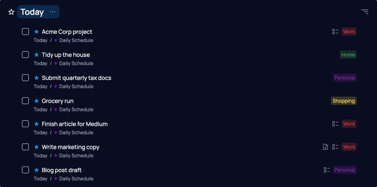 SingularityApp Today folder showing a list of flexible tasks