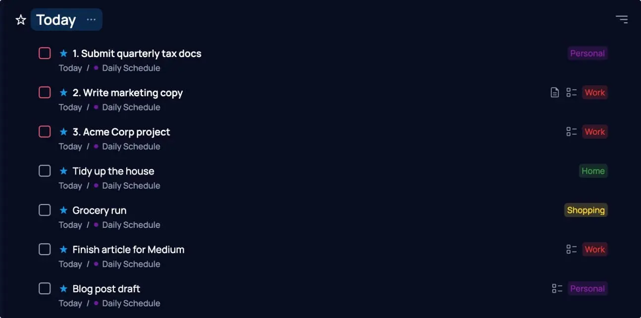 SingularityApp Today folder with top three tasks prioritized and numbered