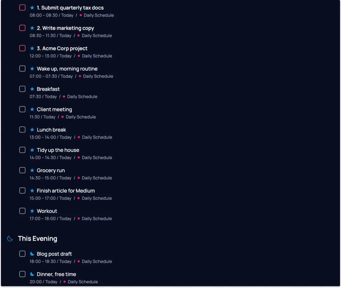SingularityApp Today folder showing the complete daily schedule as a list view