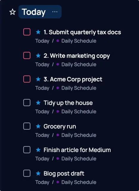SingularityApp Today folder with top three tasks prioritized and numbered