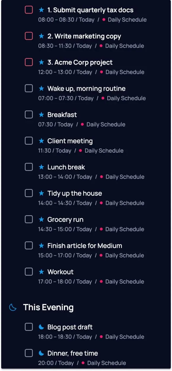 SingularityApp Today folder showing the complete daily schedule as a list view