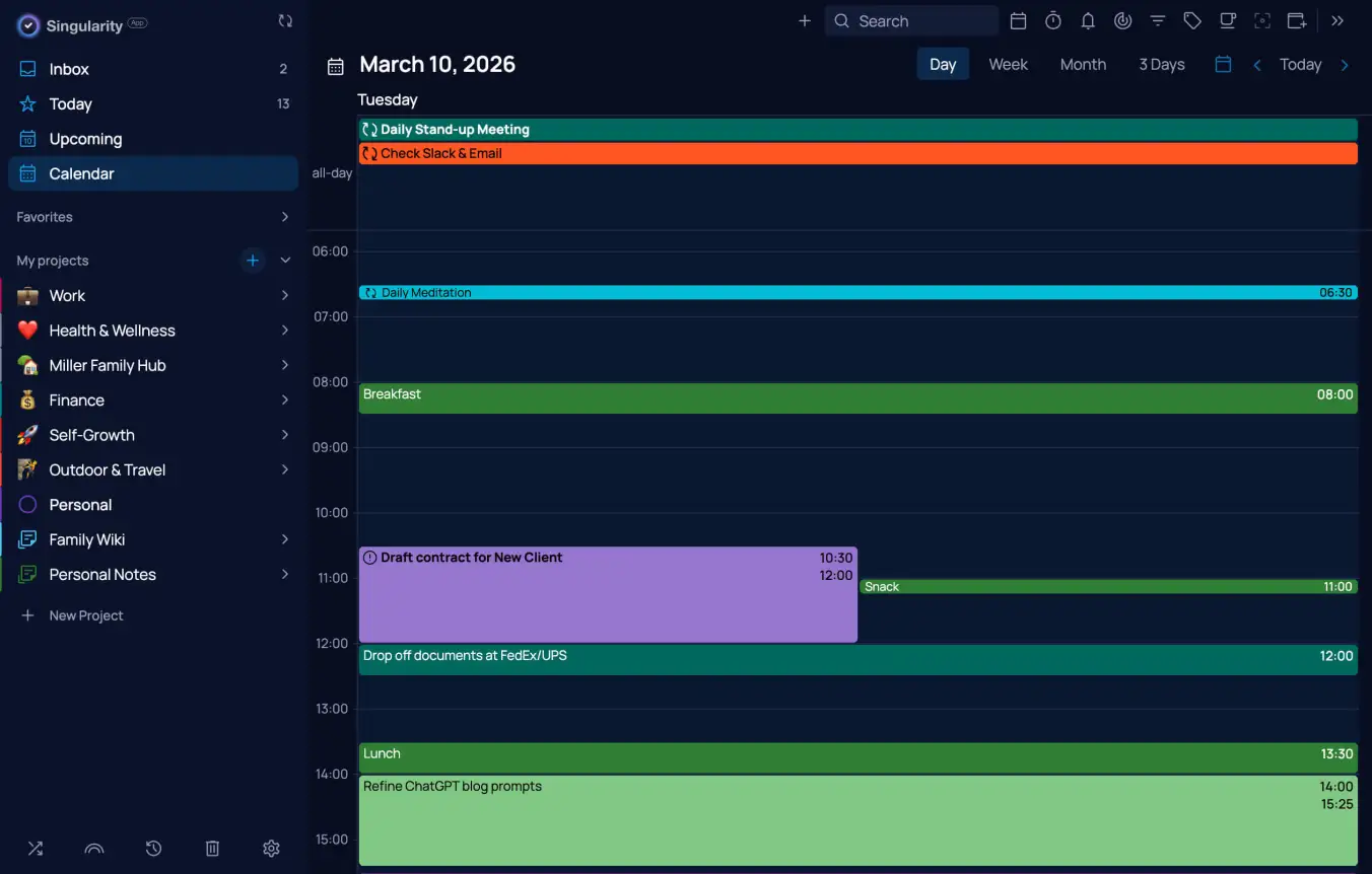 Time-blocking meals in SingularityApp to prevent stress eating