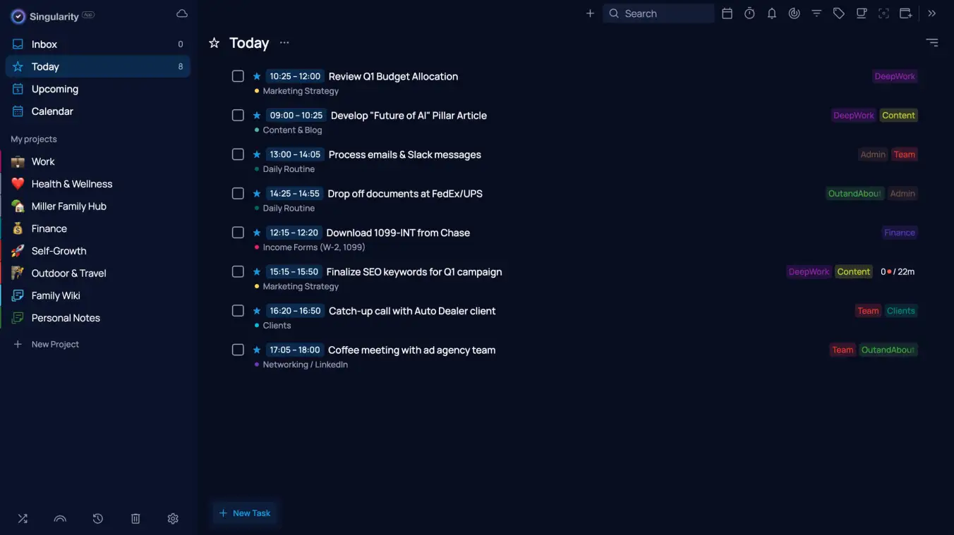 SingularityApp interface with a ready-made GTD structure.