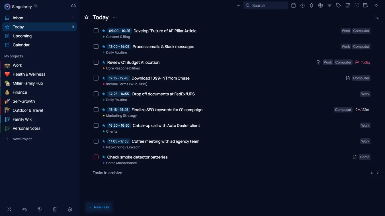 Filtering tasks by context in SingularityApp for a GTD workflow.