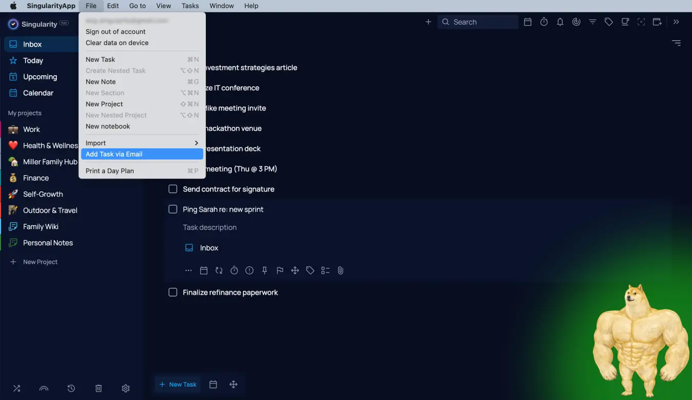 SingularityApp email integration for adding tasks using the GTD method.