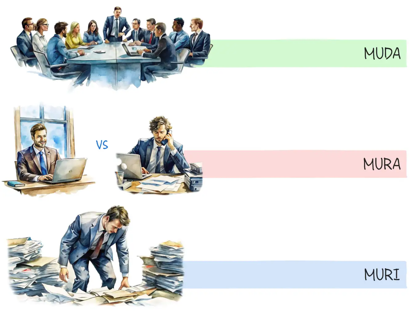 Sources of waste in kaizen philosophy: Muda, Mura, Muri