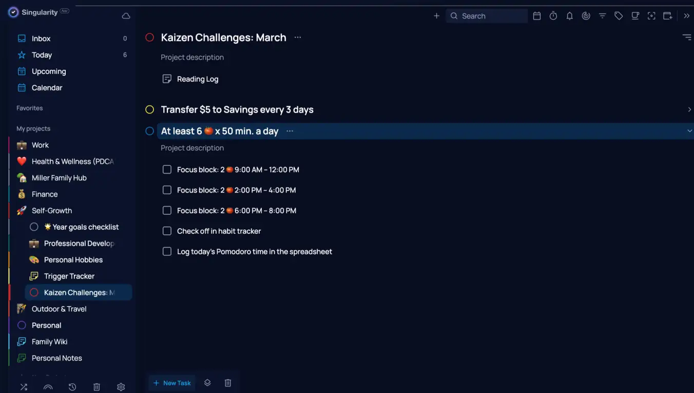 SingularityApp screenshot: a kaizen challenge project and task list