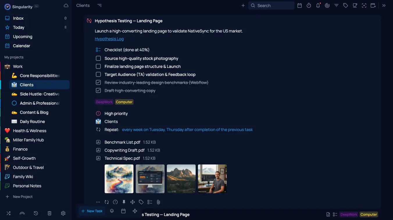 Task creation settings in the SingularityApp desktop and web version