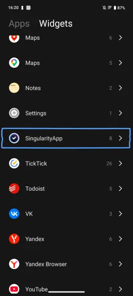 Finding SingularityApp in the Android widget list