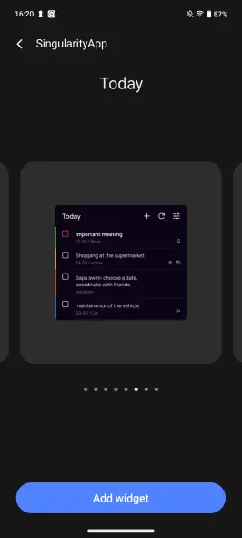 SingularityApp Today widget preview — android checklist widget with task list
