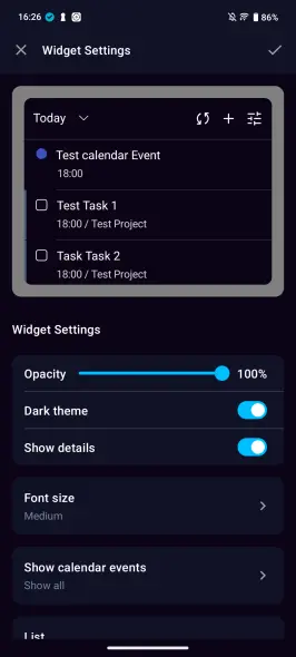 Today widget settings — opacity, dark theme, font size, calendar events on Android