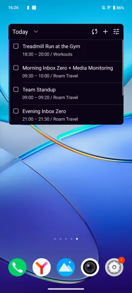 SingularityApp Today android task widget on home screen showing daily tasks