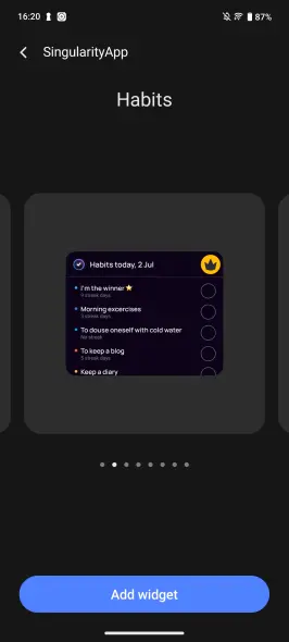 SingularityApp Habits widget preview — all habits with streak days on Android