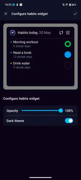 Habits widget settings — opacity and dark theme configuration on Android