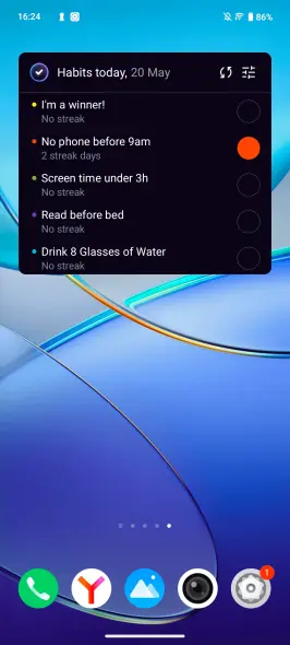SingularityApp Habits widget on Android home screen showing daily habits