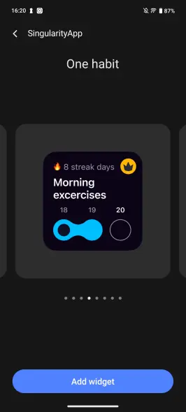 SingularityApp One Habit widget preview — streak days and 3-day progress on Android