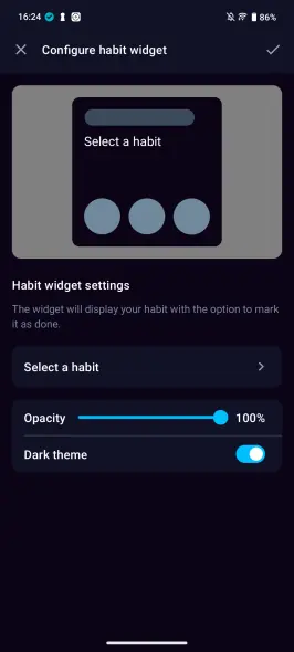 One Habit widget settings — select habit, opacity, dark theme on Android