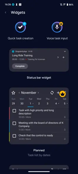 SingularityApp widgets list in app showing Status Bar Widget and other available android widgets
