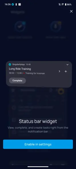 Status bar widget description in SingularityApp — view complete and create tasks from notification bar
