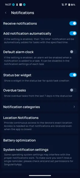 Enabling SingularityApp status bar widget in Android notification settings