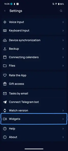 SingularityApp Settings — Widgets section for adding android todo list widgets from the app