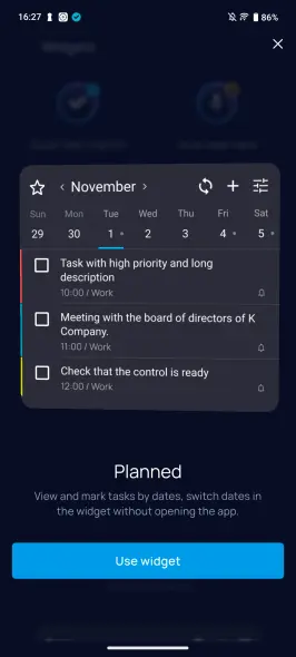 Plans widget description in SingularityApp with Use widget button