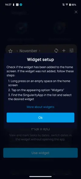 Widget setup instructions in SingularityApp Android — how to add a to do list widget manually