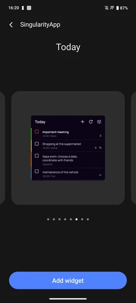 SingularityApp Today widget preview — android checklist widget with task list