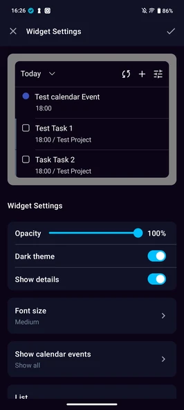 Today widget settings — opacity, dark theme, font size, calendar events on Android