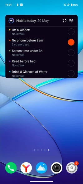 SingularityApp Habits widget on Android home screen showing daily habits