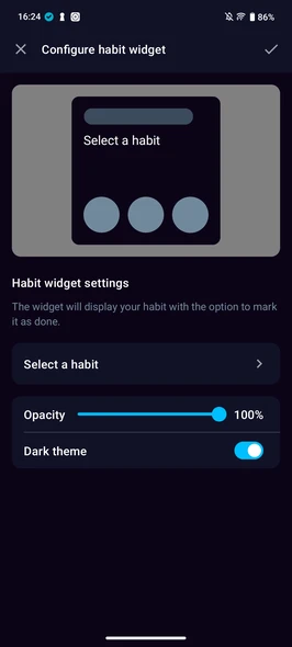 One Habit widget settings — select habit, opacity, dark theme on Android