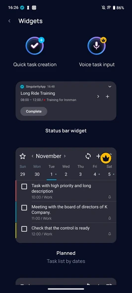 SingularityApp widgets list in app showing Status Bar Widget and other available android widgets