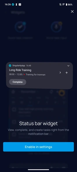 Status bar widget description in SingularityApp — view complete and create tasks from notification bar