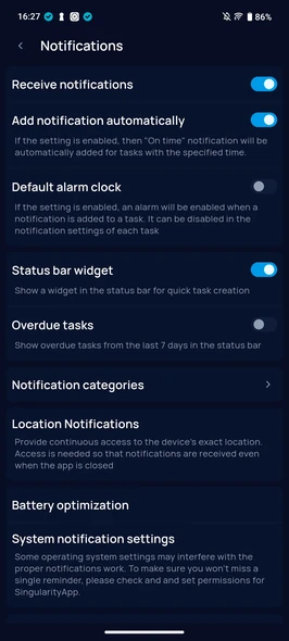 Enabling SingularityApp status bar widget in Android notification settings