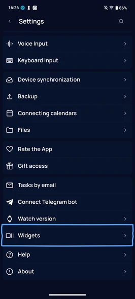 SingularityApp Settings — Widgets section for adding android todo list widgets from the app