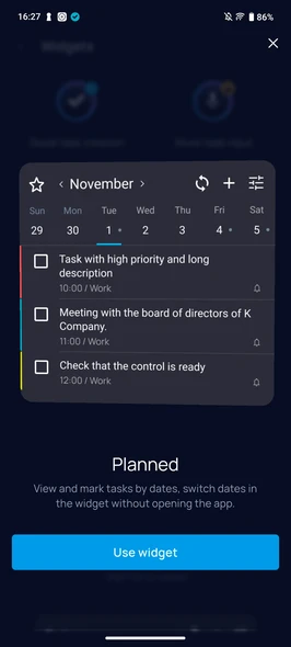 Plans widget description in SingularityApp with Use widget button