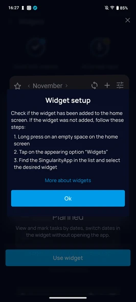 Widget setup instructions in SingularityApp Android — how to add a to do list widget manually